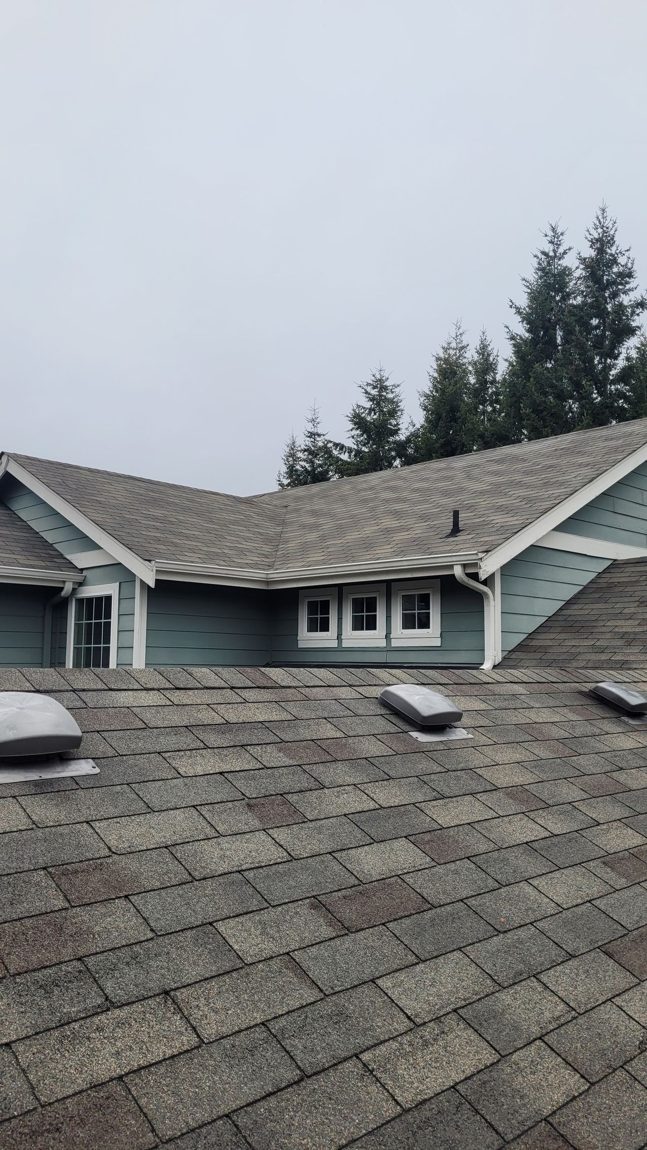 GAF Gray asphalt shingle roof of a house with small dormers and multiple vents against a cloudy sky.