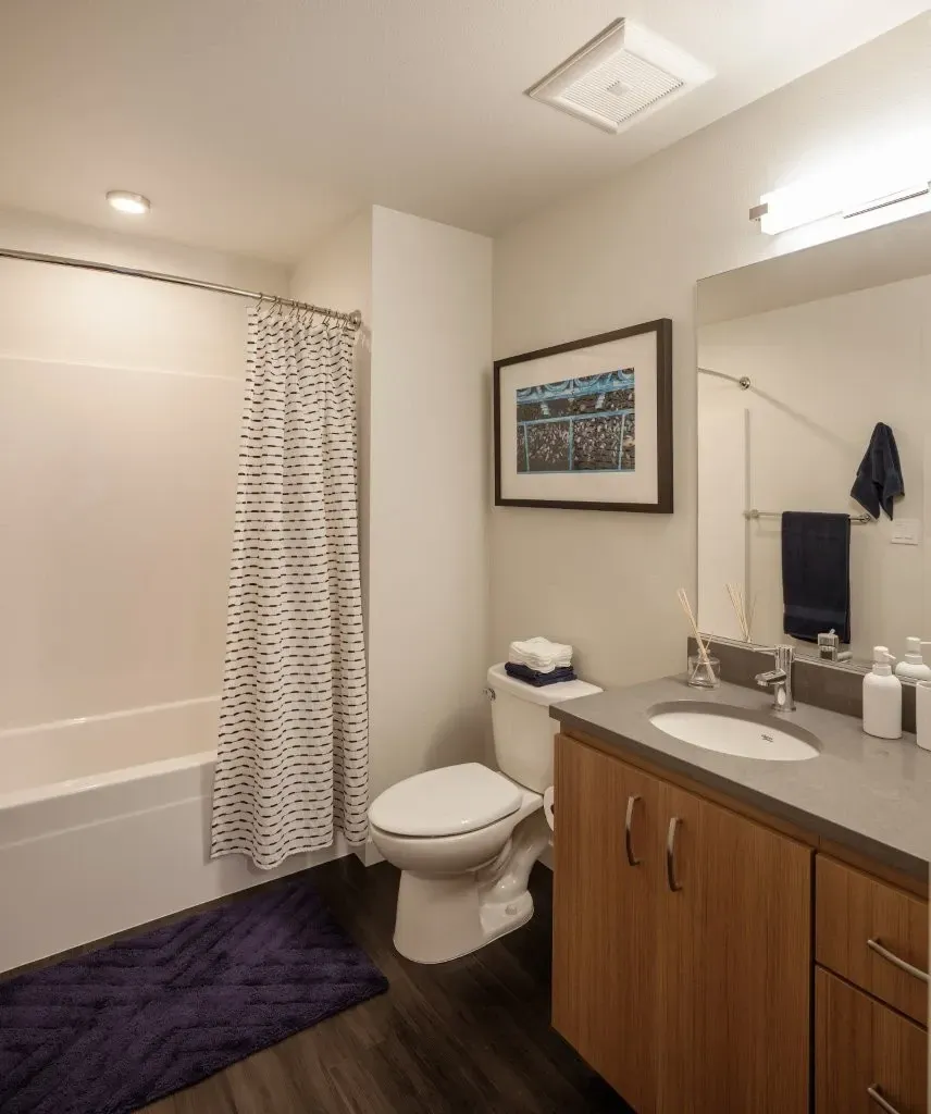 A bathroom with a toilet, sink, and shower.