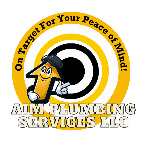 Logo for Aim Plumbing Services LLC with a smiling arrow pointing at a target, text reads 