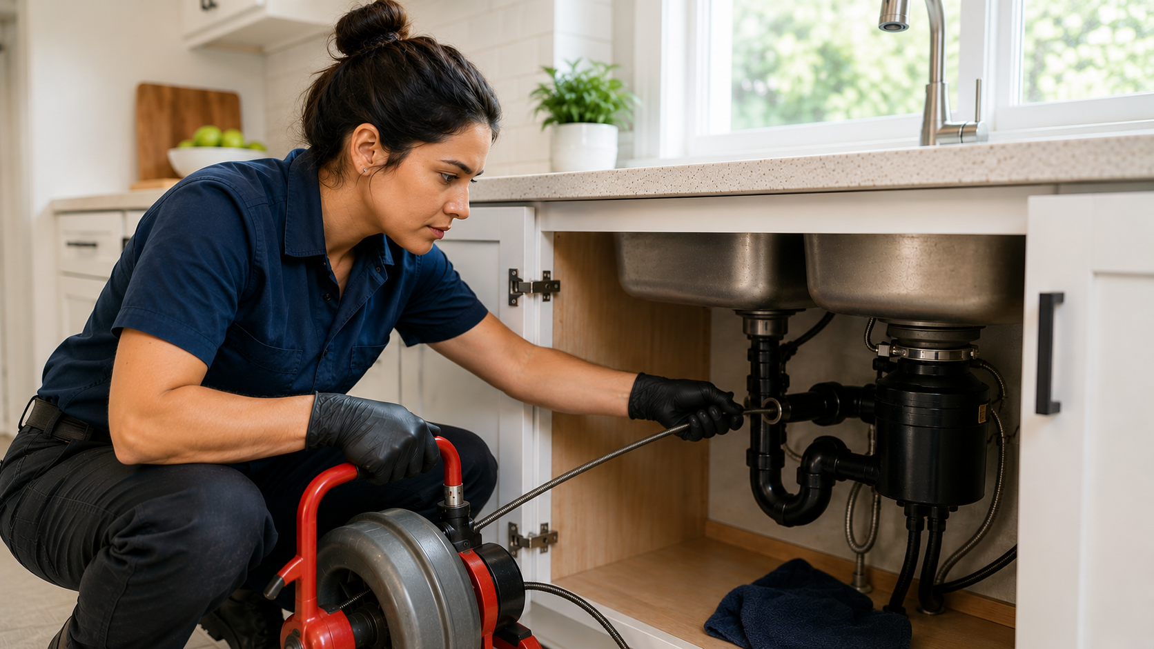 Plumber clearing a clogged drain