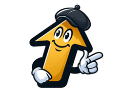 Yellow arrow character wearing a beret, pointing right and smiling.