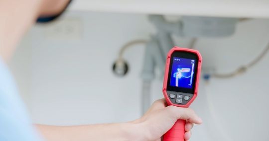 Person using a thermal imaging camera under a sink to detect leaks, showing blue and white heat map.