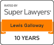 The logo for rated by super lawyers for Lewis Galloway for 10 years.