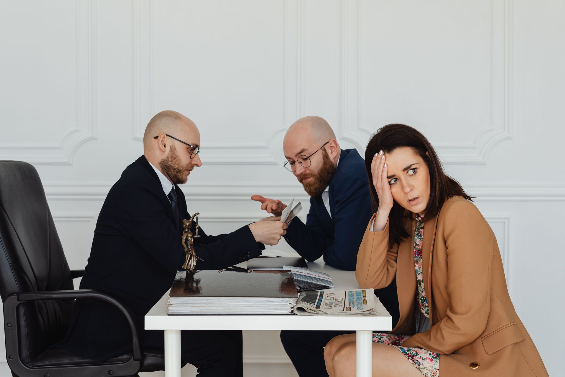 Three people in business attire at a table; one woman looks toward the camera while two men talk.