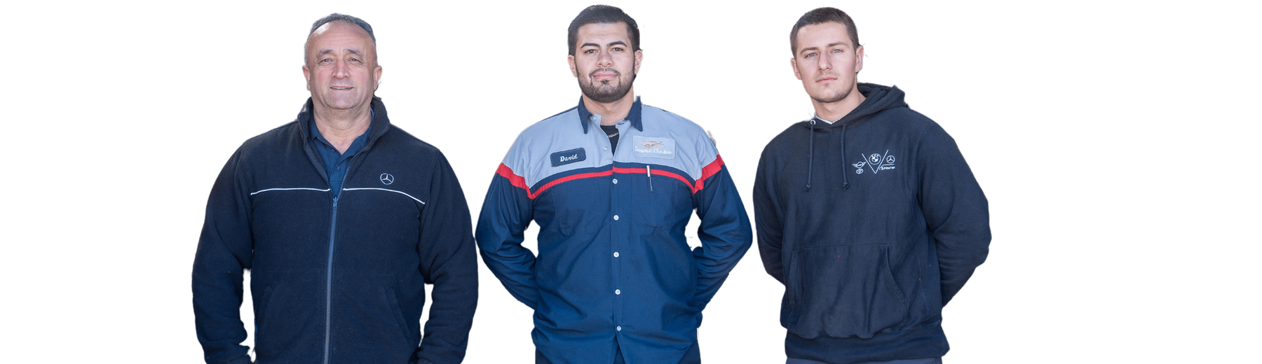 Three men modeling navy jackets, one with red and gray accents, against a white background