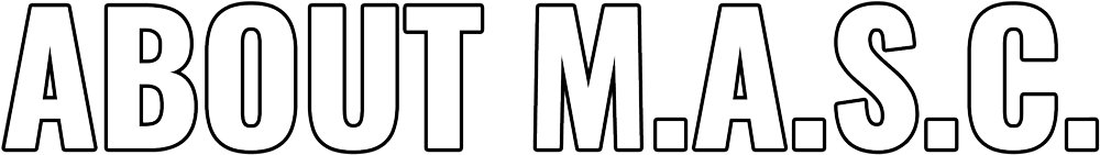 ABOUT M.A.S.C. text logo in bold outlined letters with a blue accent line above and below