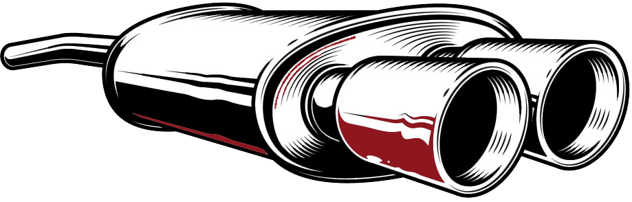 Chrome dual exhaust muffler with two shiny tailpipes on a white background