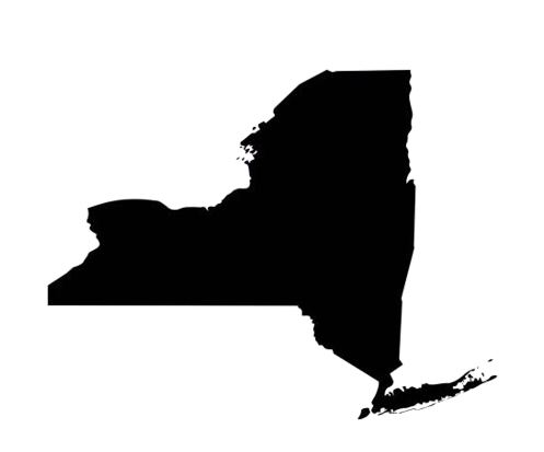 Black silhouette map of New York State on a white background