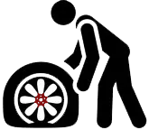 Person bent over inspecting a car wheel with a flat tire icon