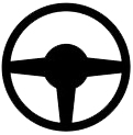 Black steering wheel icon inside a circle on a white background