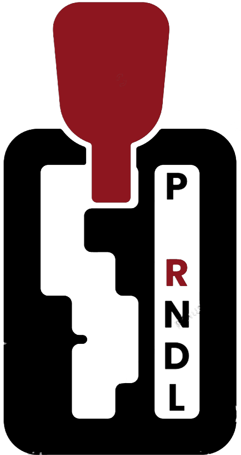 Red gear shift icon with PRNDL letters on a black background