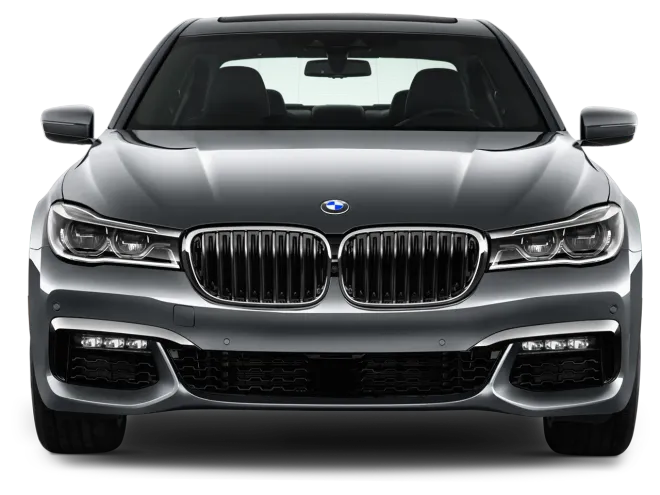 Front view of a black BMW sedan with chrome grille and headlights on a white background