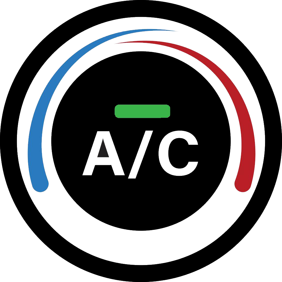 A/C climate control icon with blue and red temperature arc around a black center