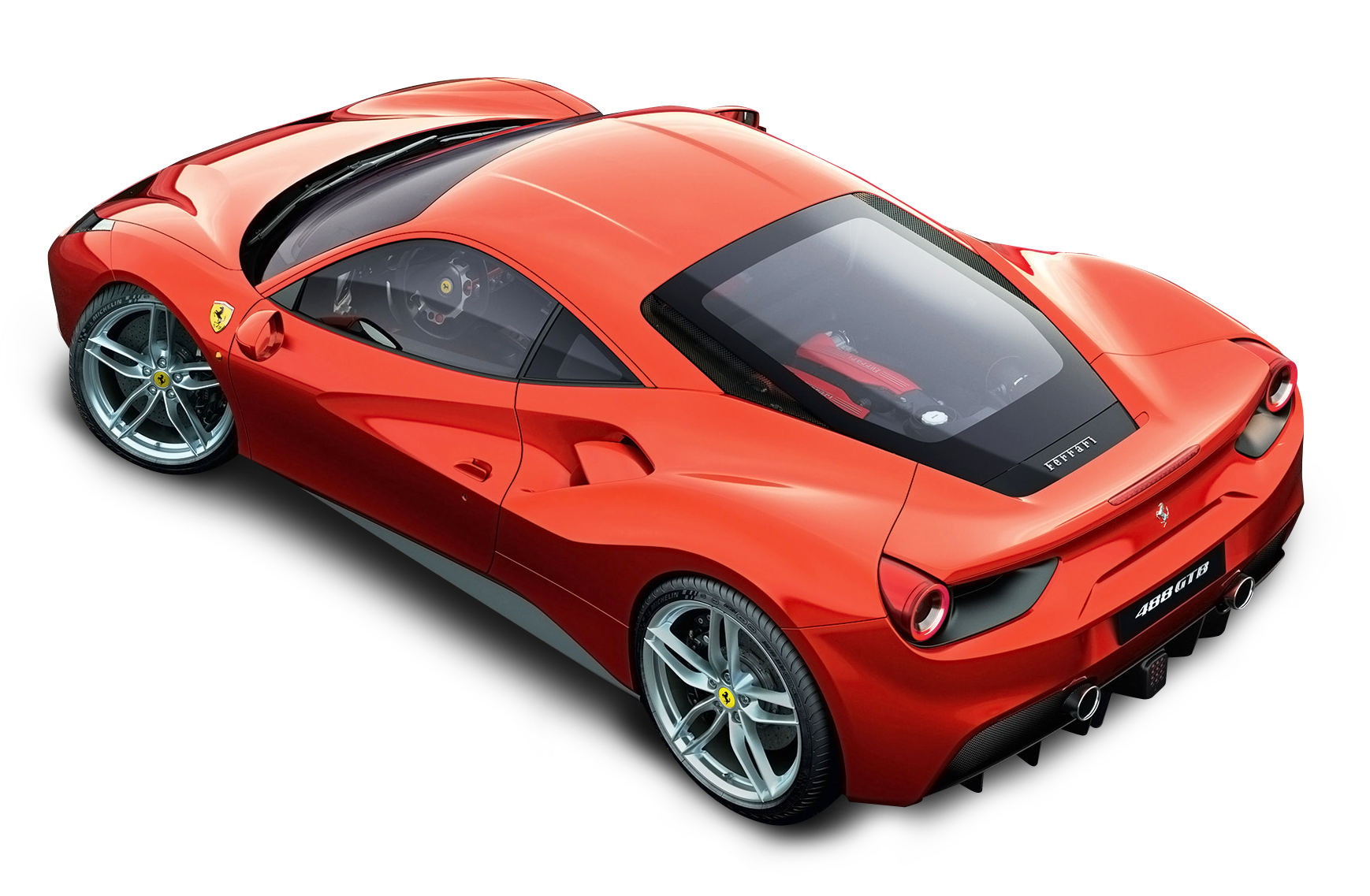 Red sports car on a white background, viewed from the rear three-quarter angle
