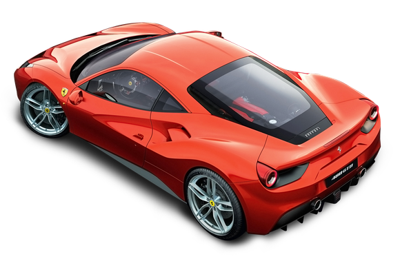 Red sports car with a sleek black roof, shown from a rear three-quarter view on a white background