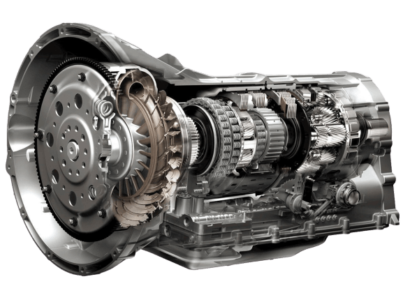 Cutaway view of a car automatic transmission with visible gears and metal components