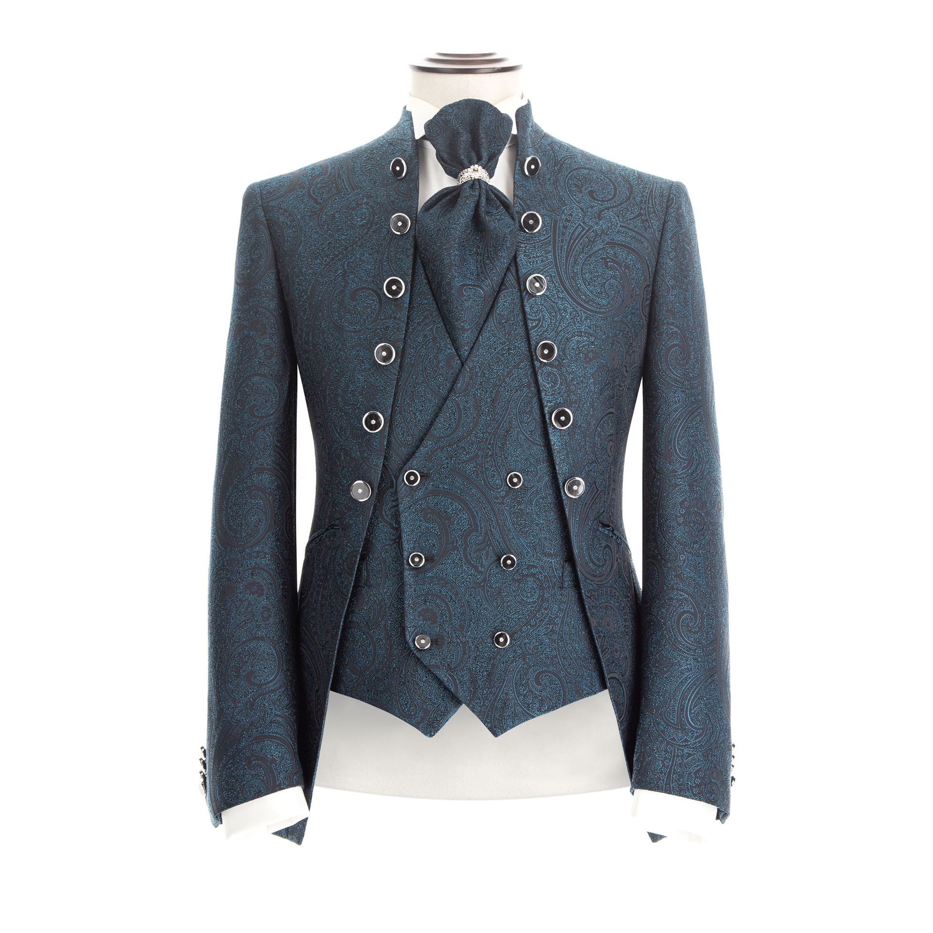 Giacca e gilet in tweed blu su manichino, con cravatta e bottoni argentati.