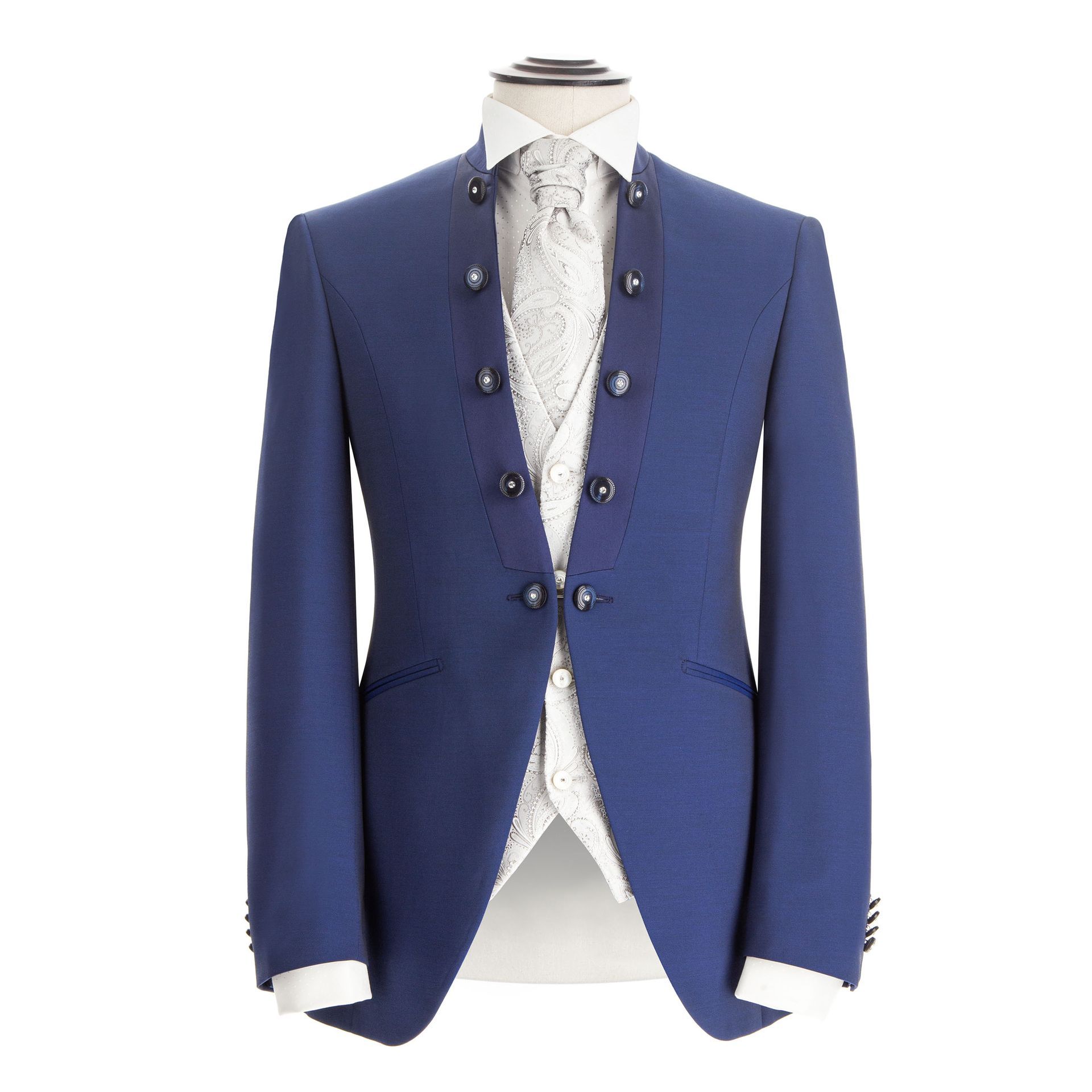 Giacca e gilet blu su un manichino; abbigliamento formale.