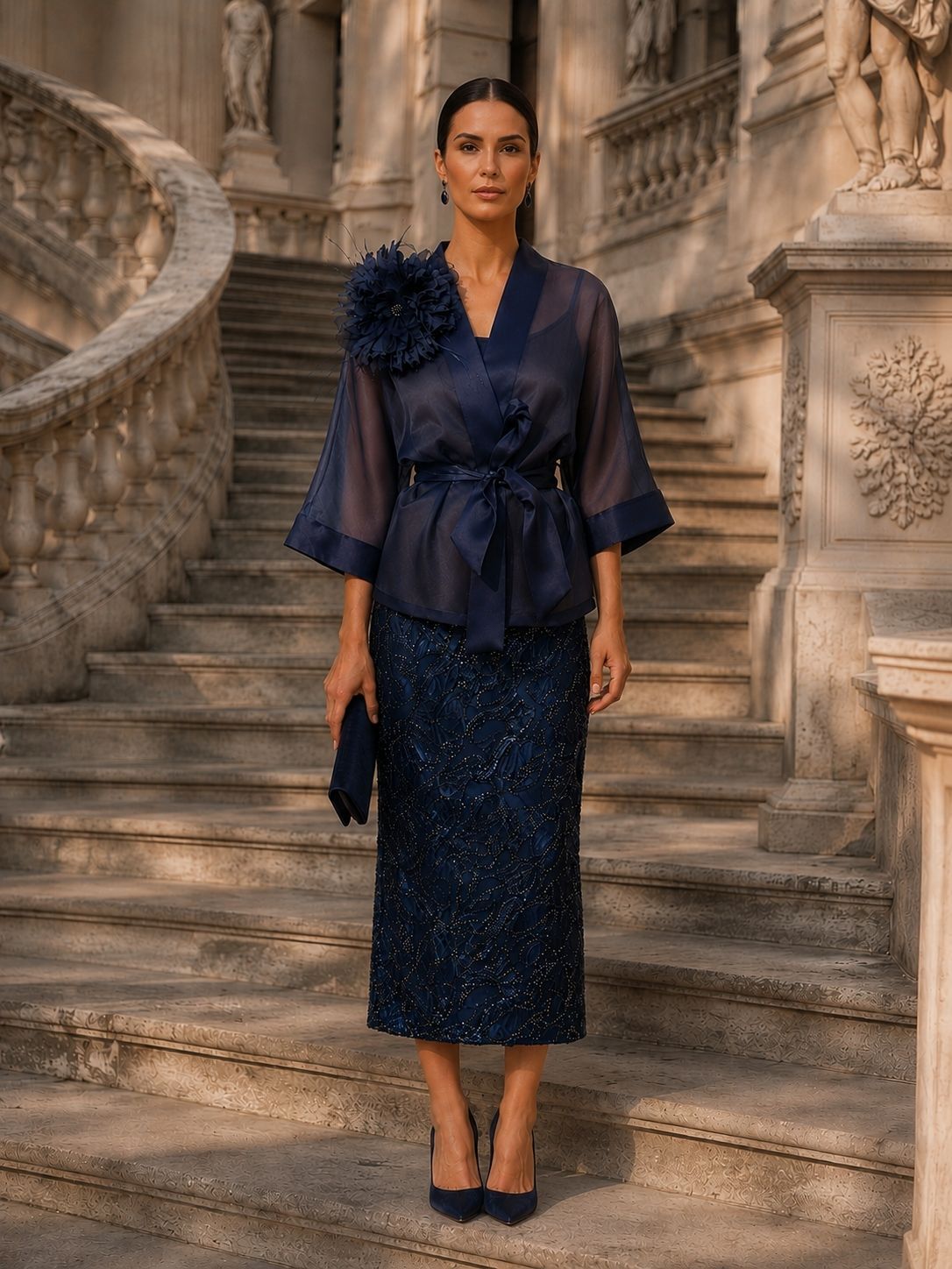 Donna con un abito blu navy di paillettes in piedi su una scalinata di pietra in un ambiente scenografico e decorato