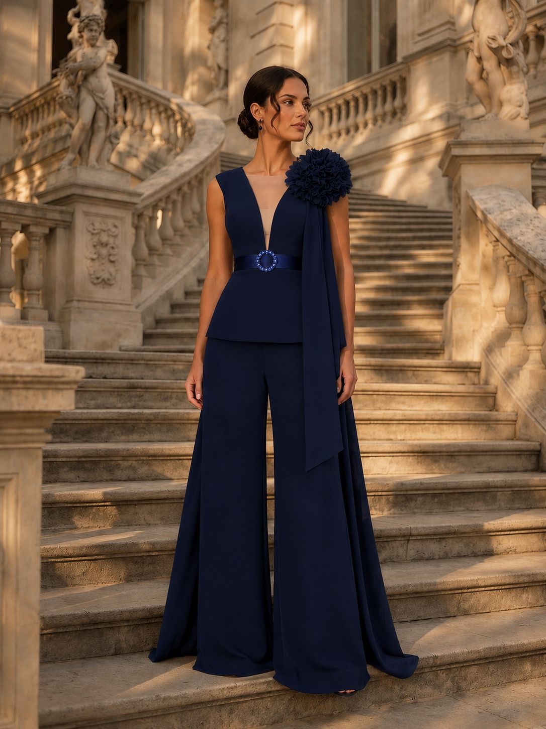 Donna in abito blu navy in piedi su una grande scalinata di marmo in un salone sontuoso