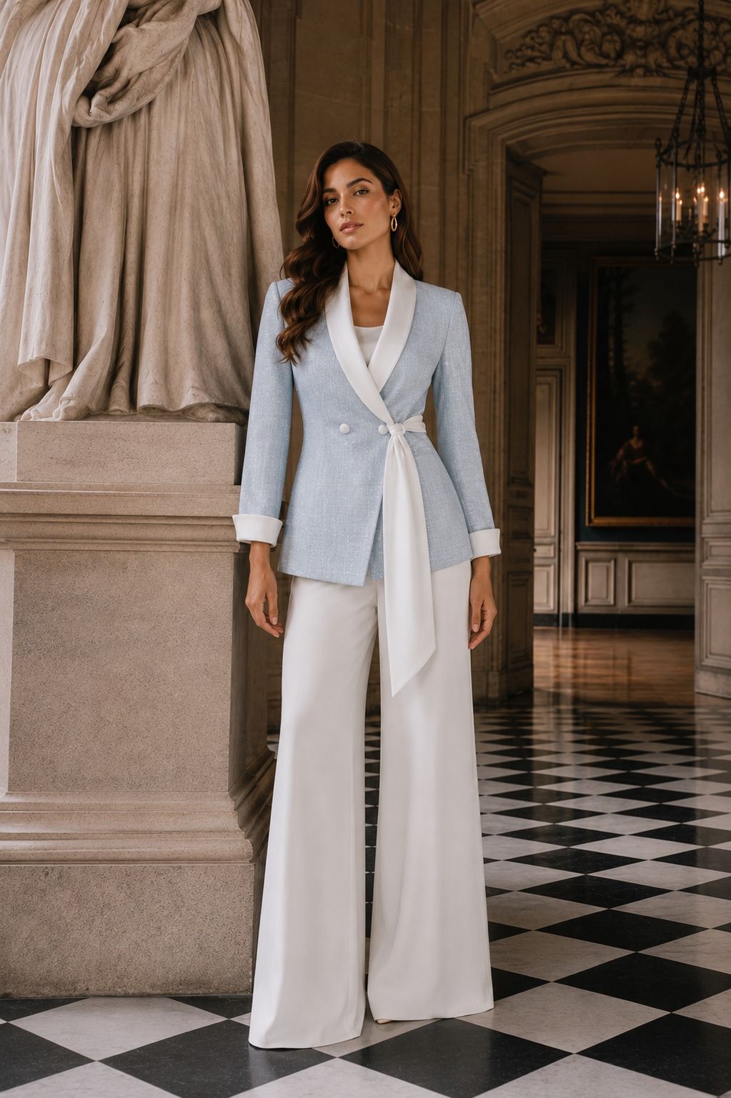 Donna con blazer azzurro chiaro e pantaloni bianchi a gamba larga, in piedi in una sala decorata con pavimento a scacchi.