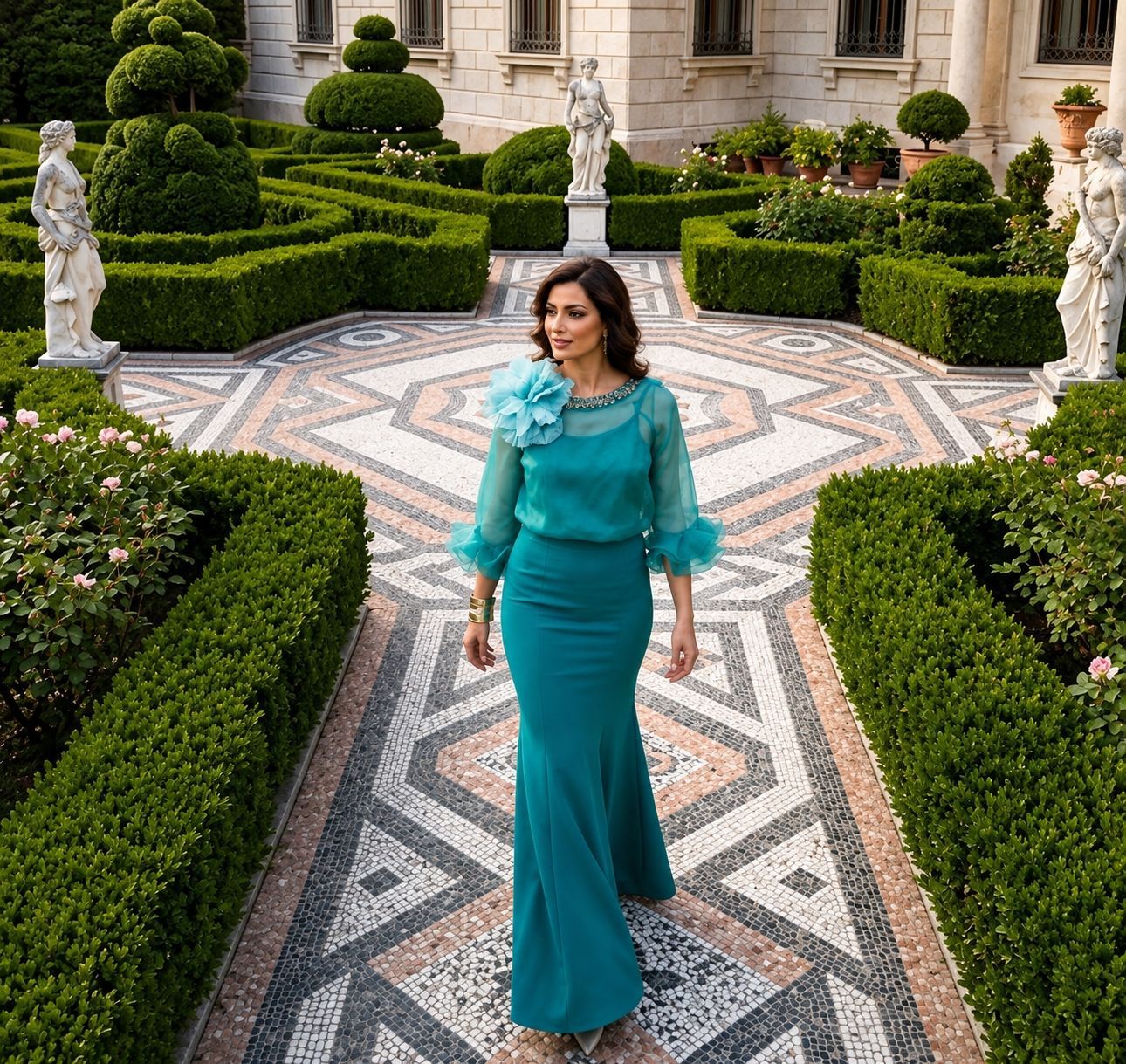 Donna con un abito color verde acqua in piedi in un cortile con giardino curato e pavimentazione a mosaico geometrico.