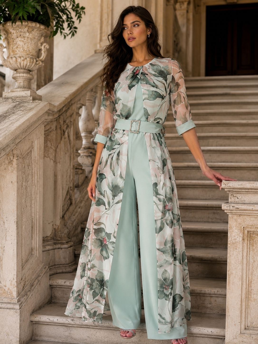 Donna con un abito floreale velato color menta in piedi su una scalinata di pietra