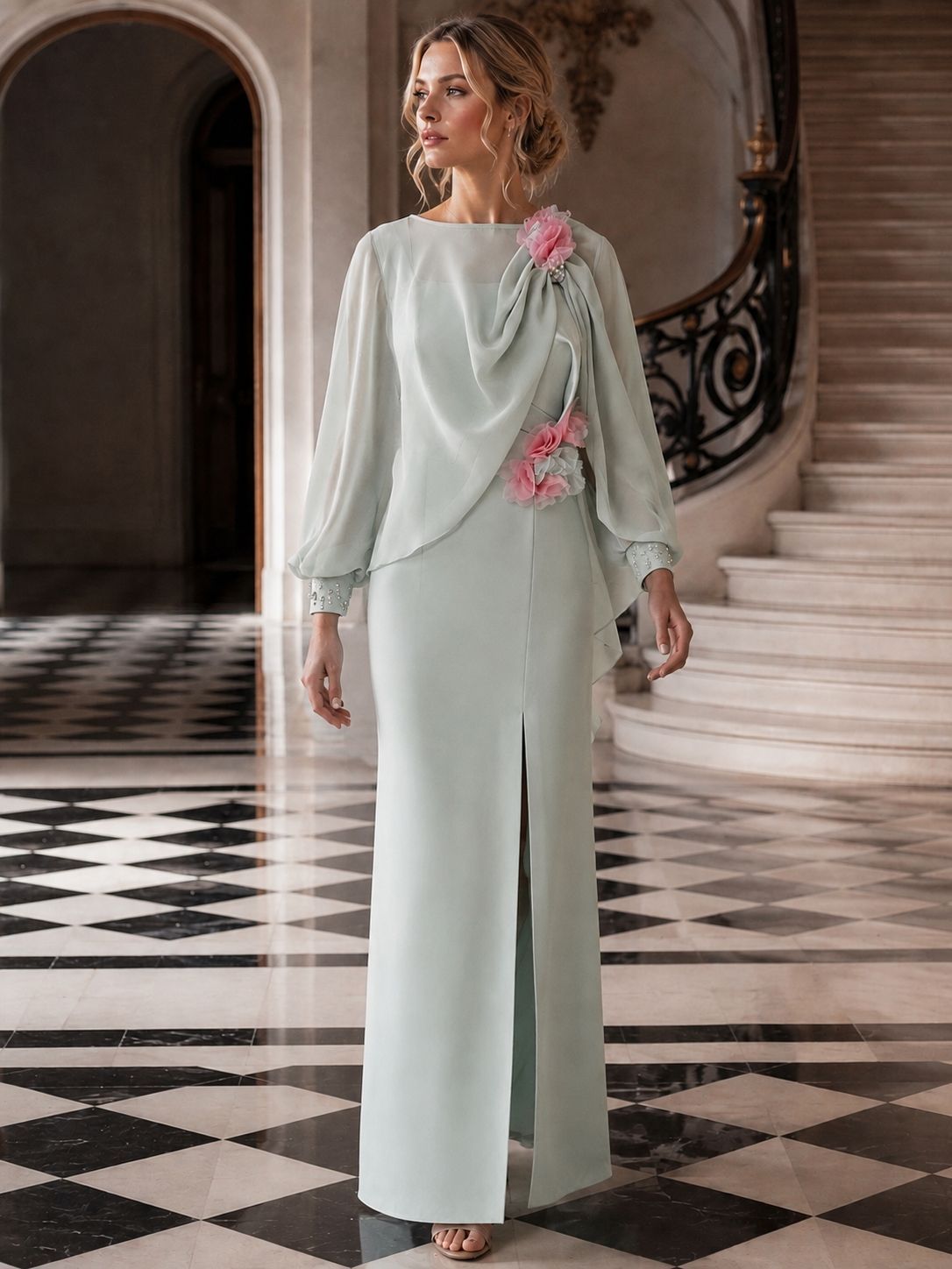 Donna in tailleur verde menta in piedi in un maestoso atrio con scalinata e pavimento a scacchi bianco e nero.