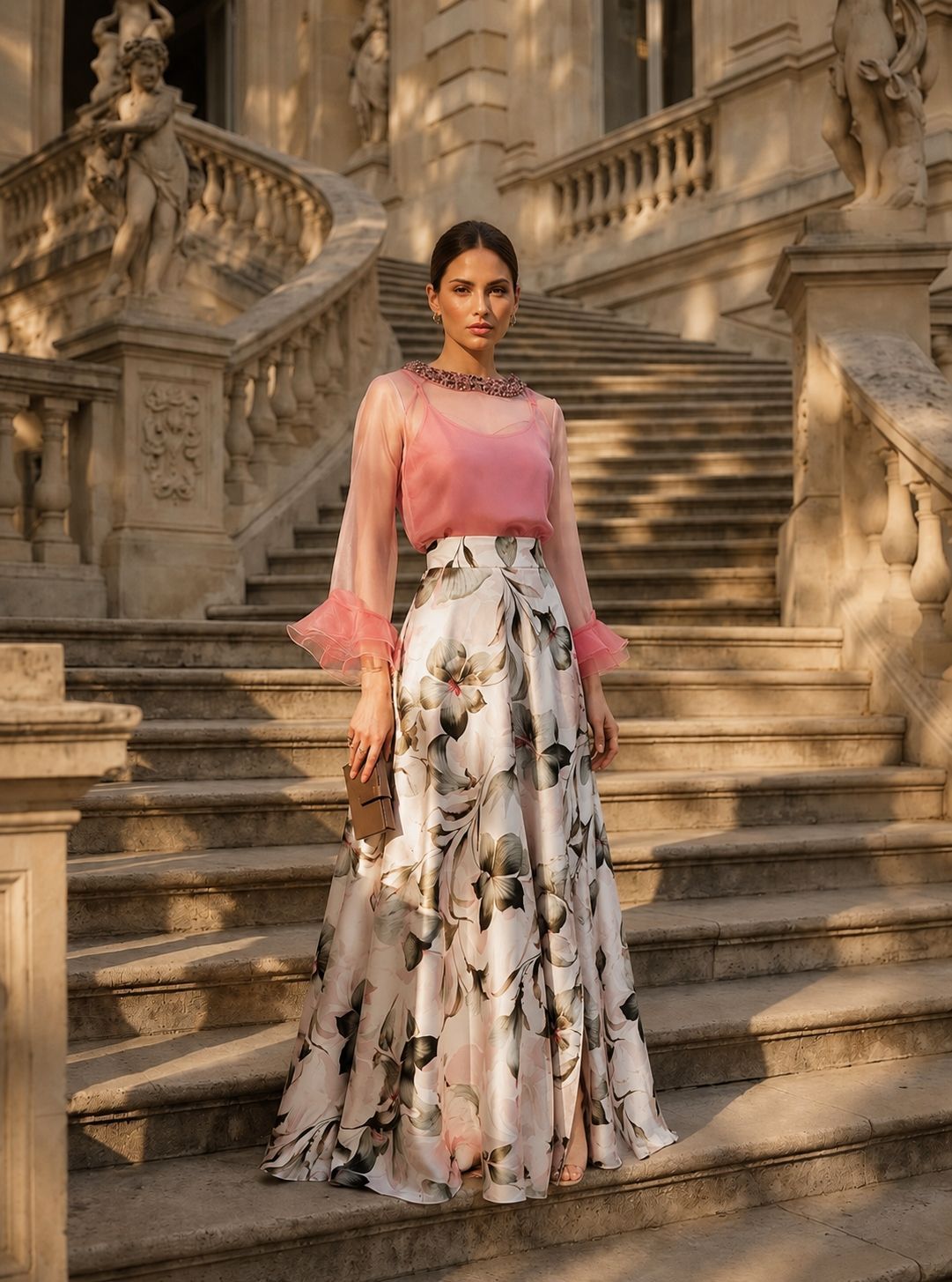 Donna con una camicetta rosa e una gonna a fiori in piedi su una maestosa scalinata in pietra davanti a un edificio decorato