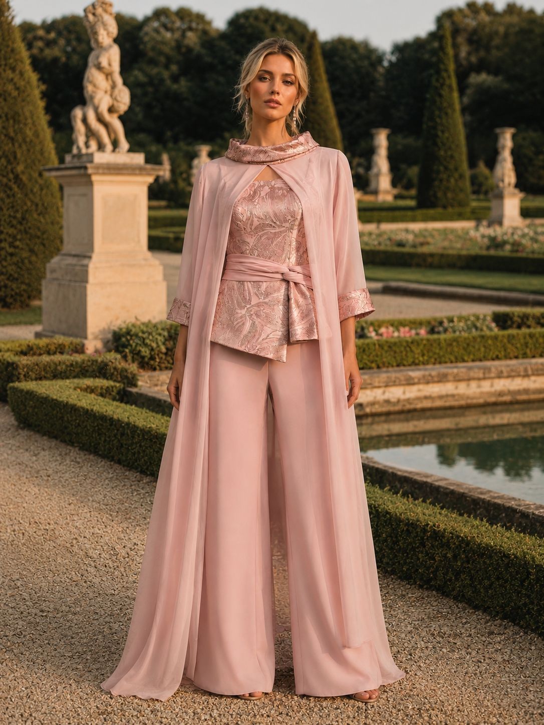Donna con un abito rosa fluente in piedi in un giardino formale accanto a una vasca riflettente e a una statua in pietra.