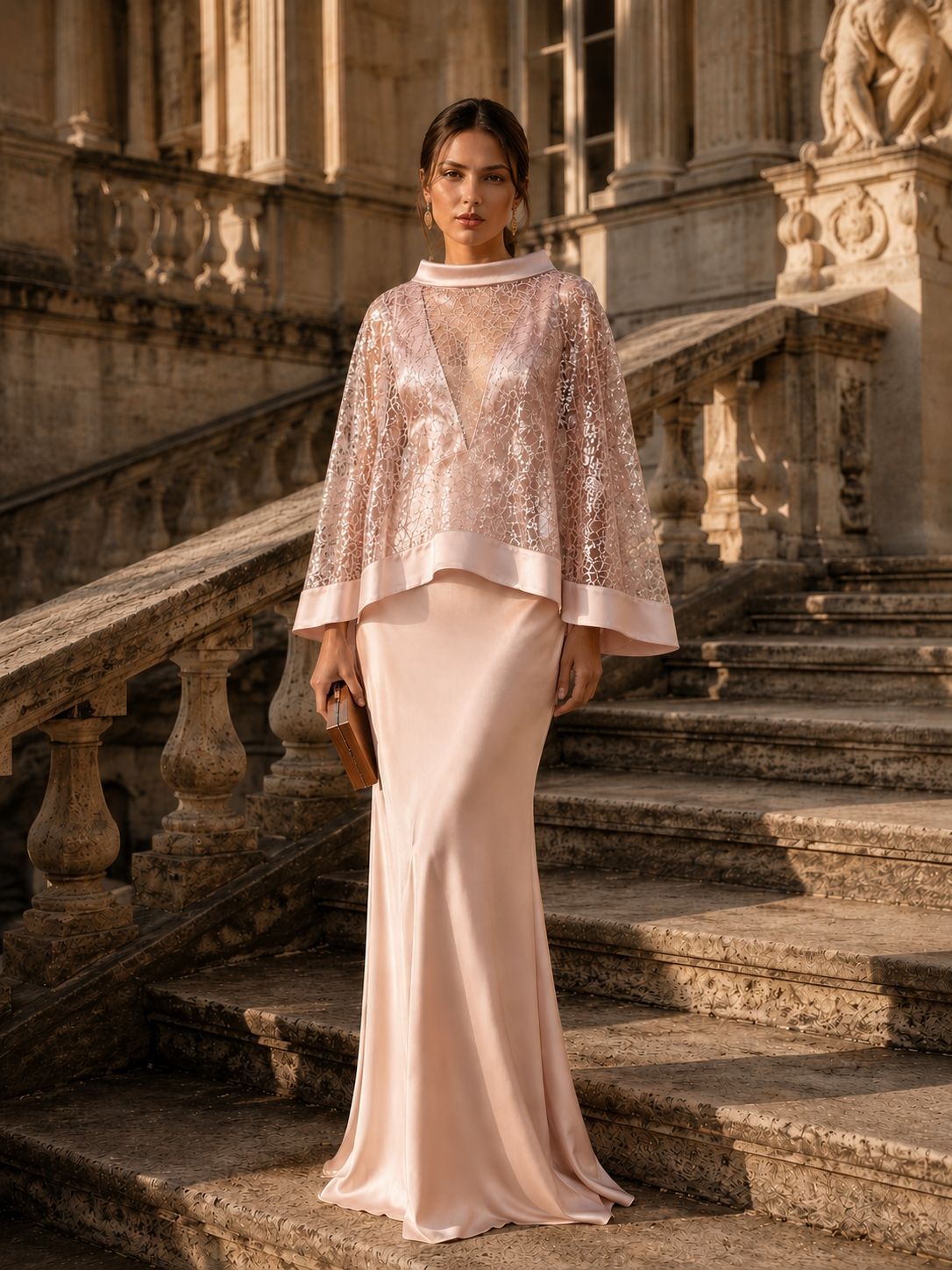 Modella con un abito rosa cipria e una mantella di paillettes, in piedi su un’elaborata scalinata di pietra.