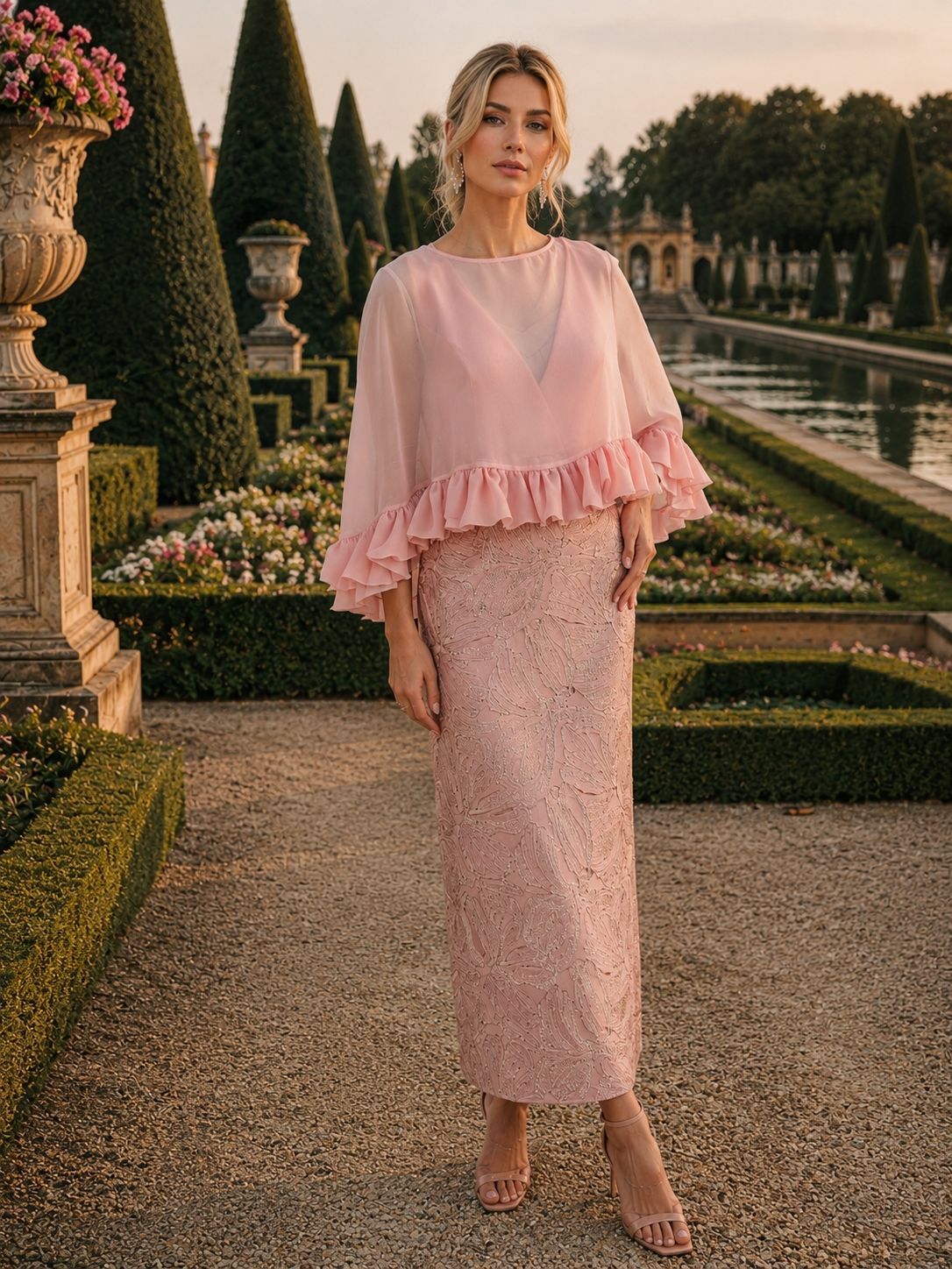 Donna con camicetta rosa e gonna di pizzo in piedi in un giardino formale al tramonto