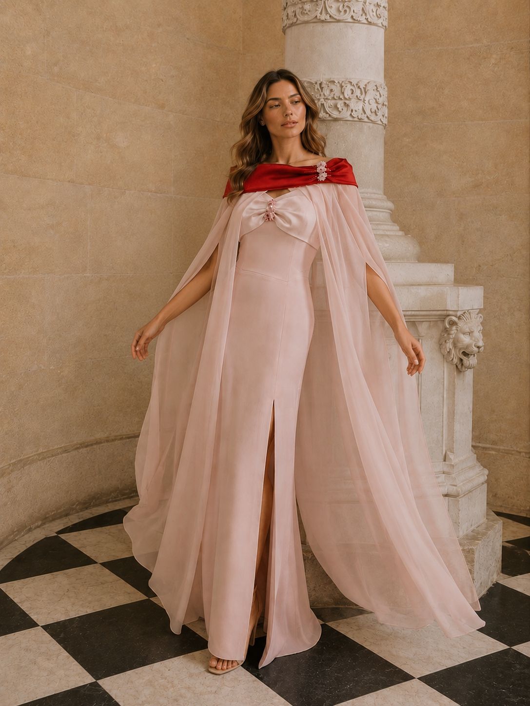 Una donna in un lungo abito rosa e fluente, con scollo rosso, è in piedi su un pavimento a scacchi bianchi e neri.