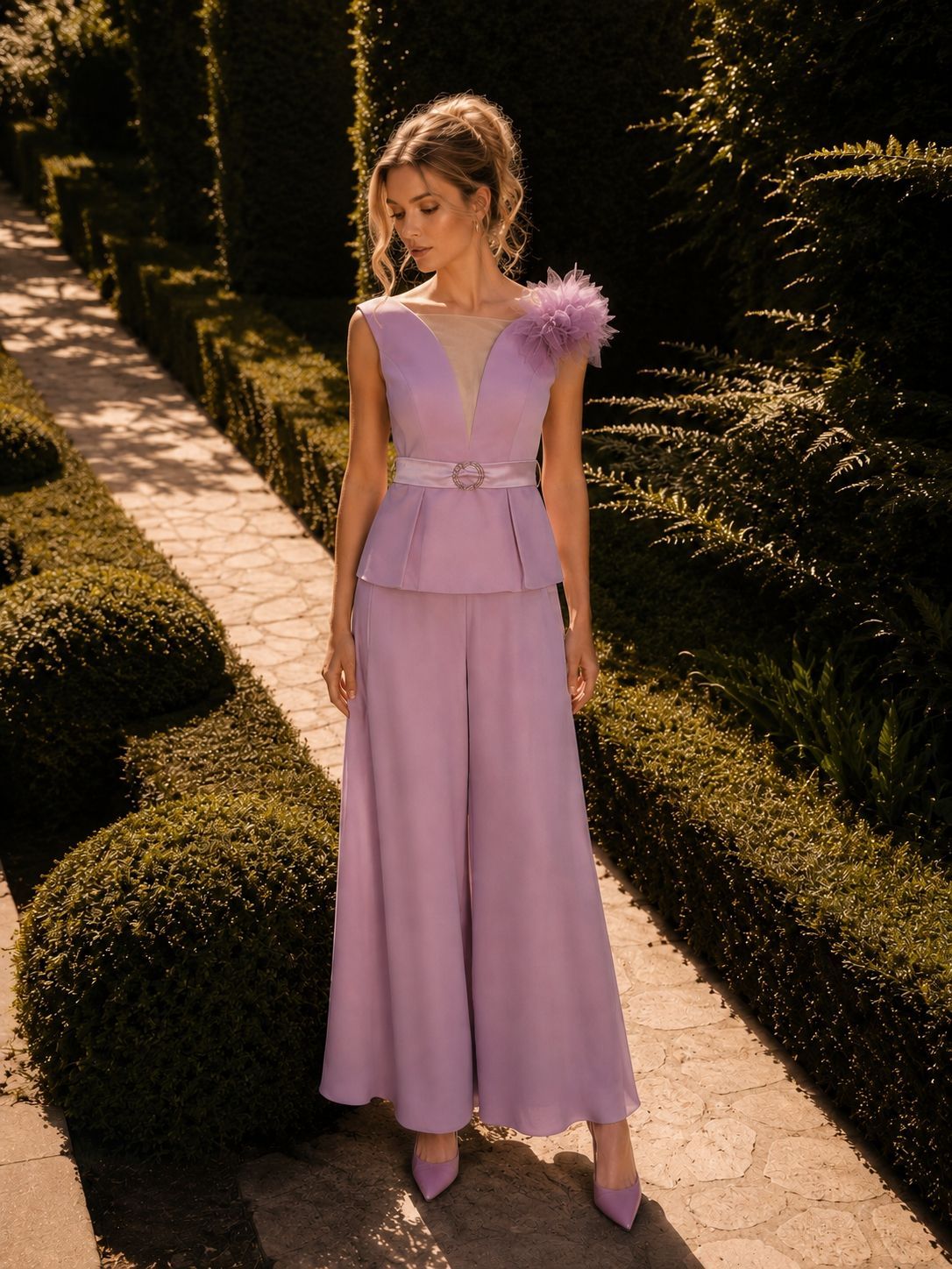 Donna con un vestito color lavanda in piedi su un vialetto soleggiato, fiancheggiato da siepi potate