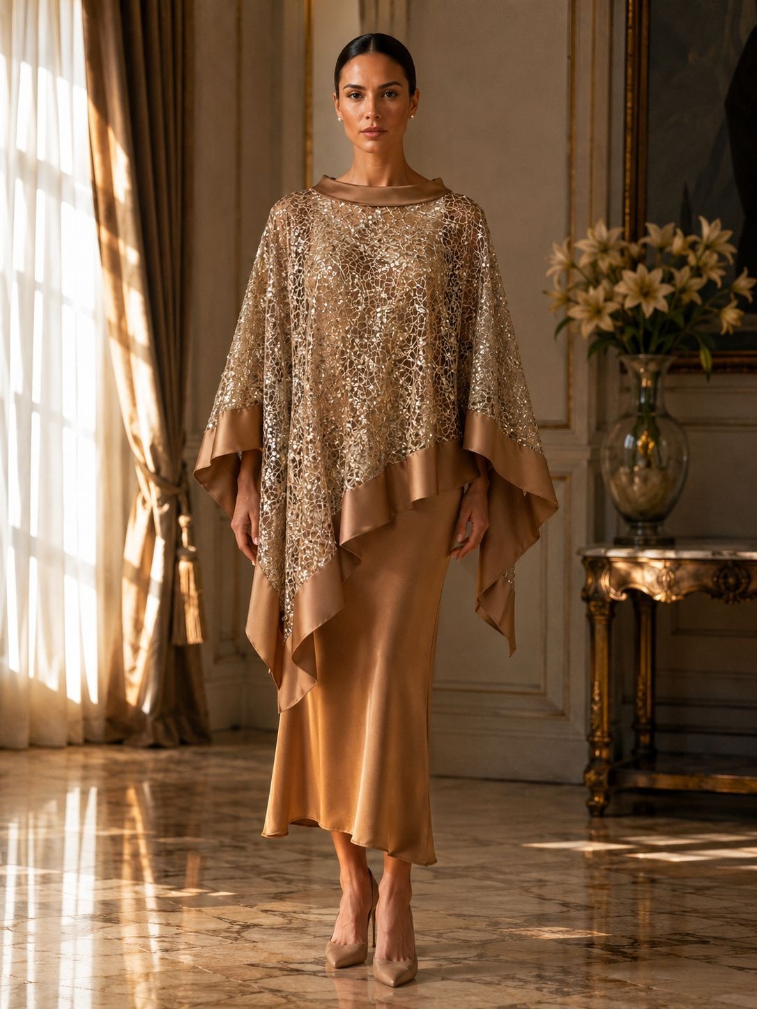 Donna con mantella di paillettes dorate e abito di raso, in piedi in una stanza elegante illuminata dal sole.
