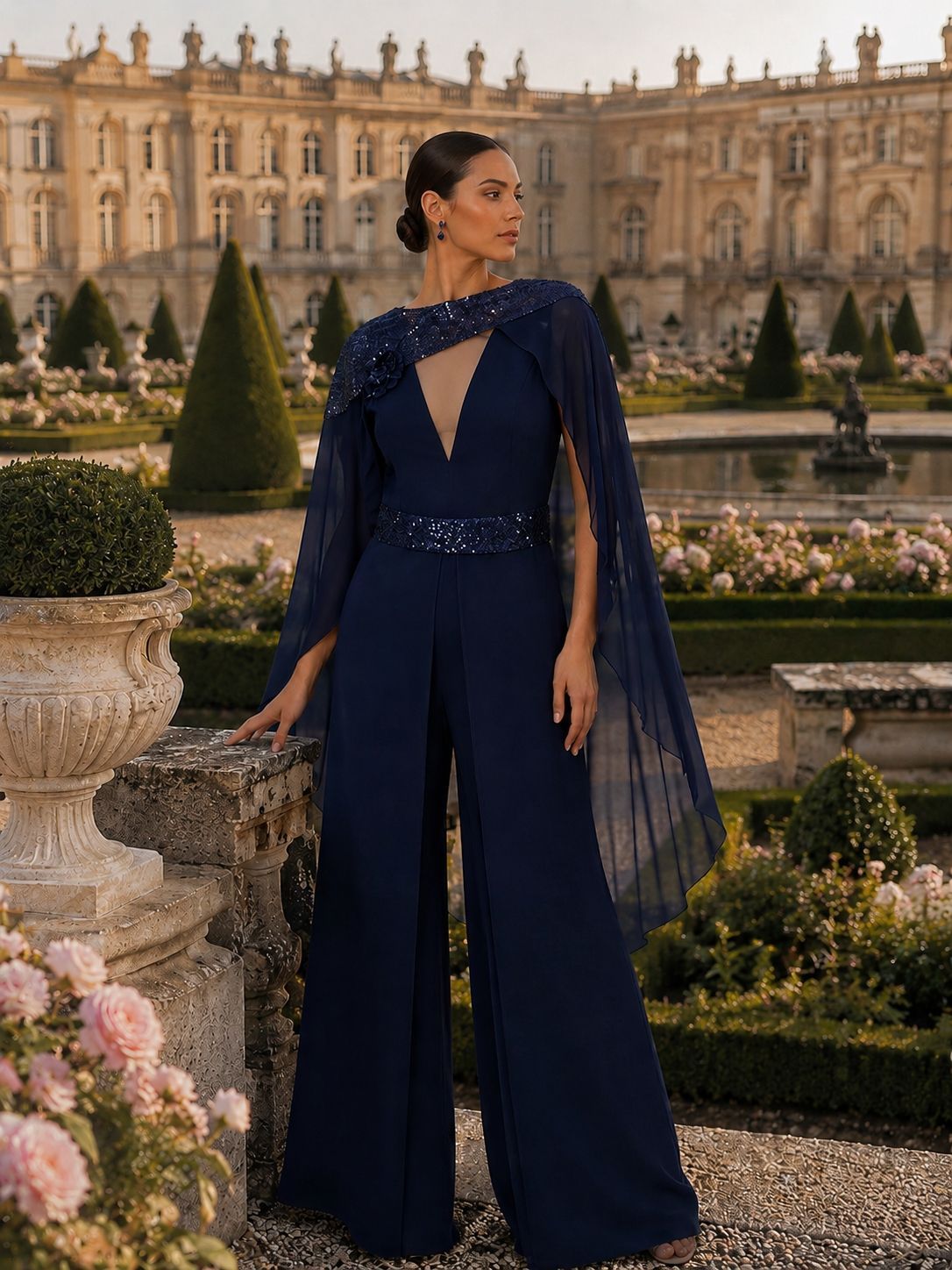 Una donna con un abito blu navy e un mantello è in piedi in un giardino formale, davanti a un grande palazzo.