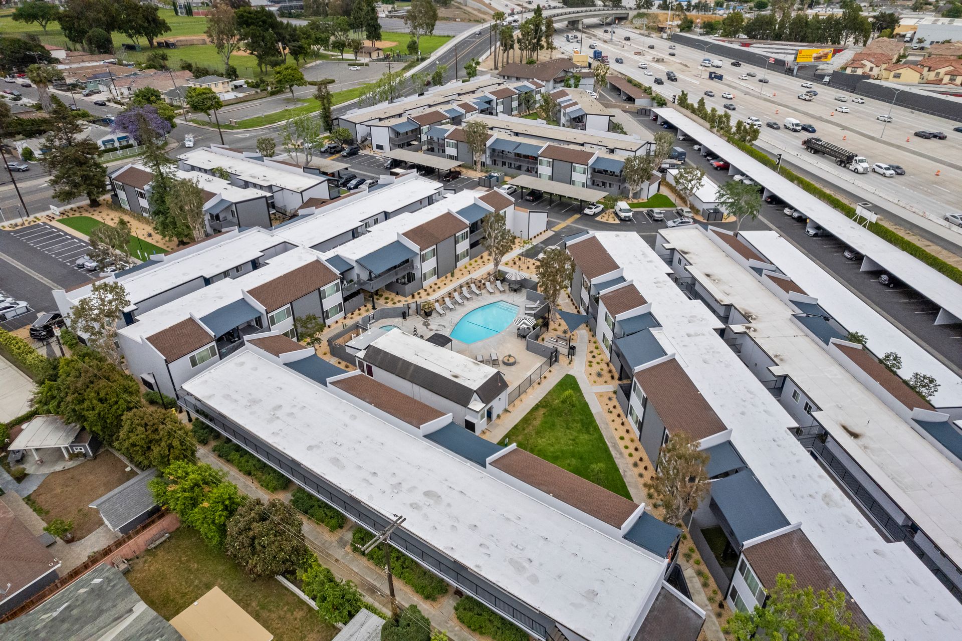 Exterior photo of The Edward Apartments -Drone shot overlooking community