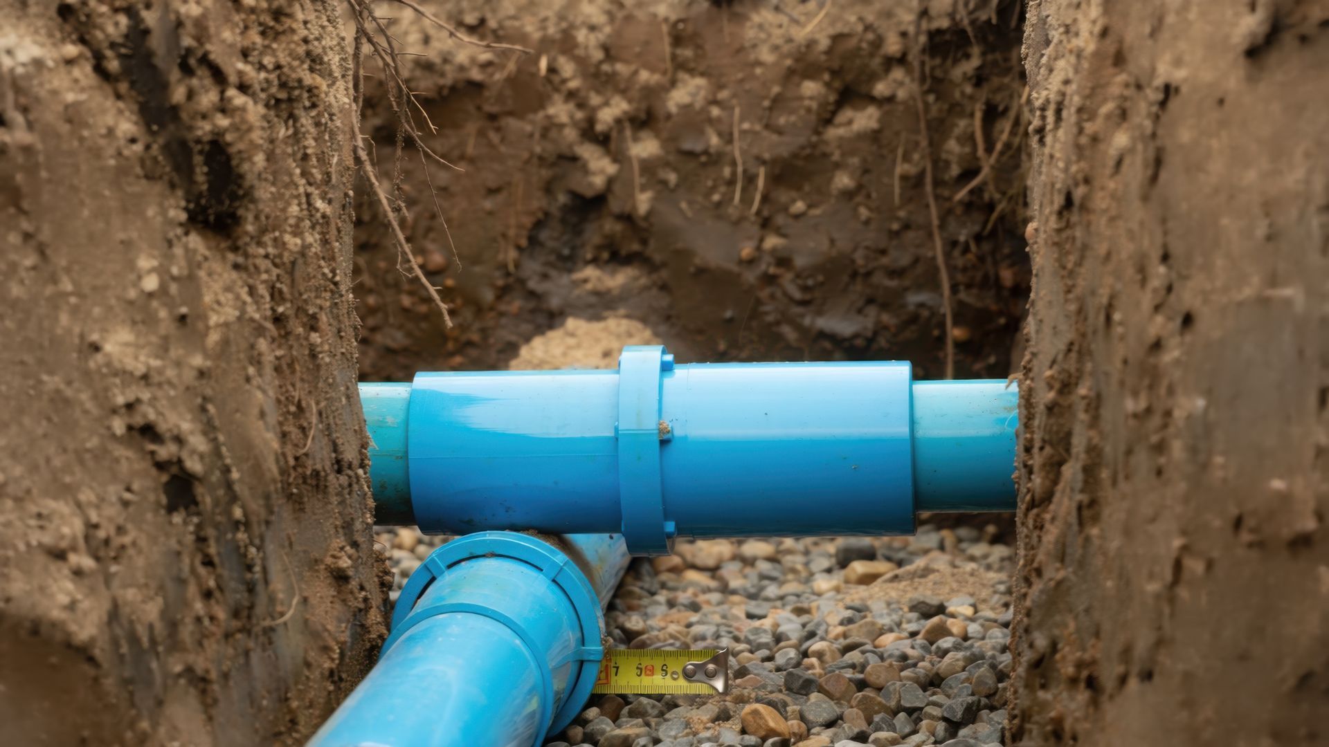 Underground plumbing installation featuring blue PVC water pipes secured inside a dirt trench.