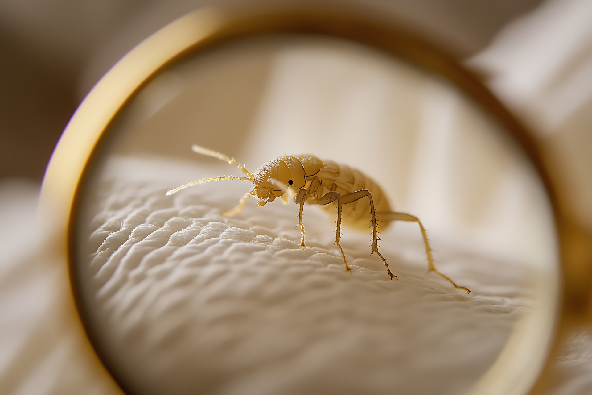 A small bug is sitting on a white cloth under a magnifying glass.