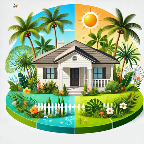 An illustration of a house surrounded by palm trees and flowers.