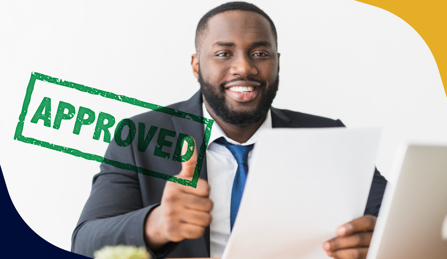 Smiling professional holding papers beside a green “APPROVED” stamp