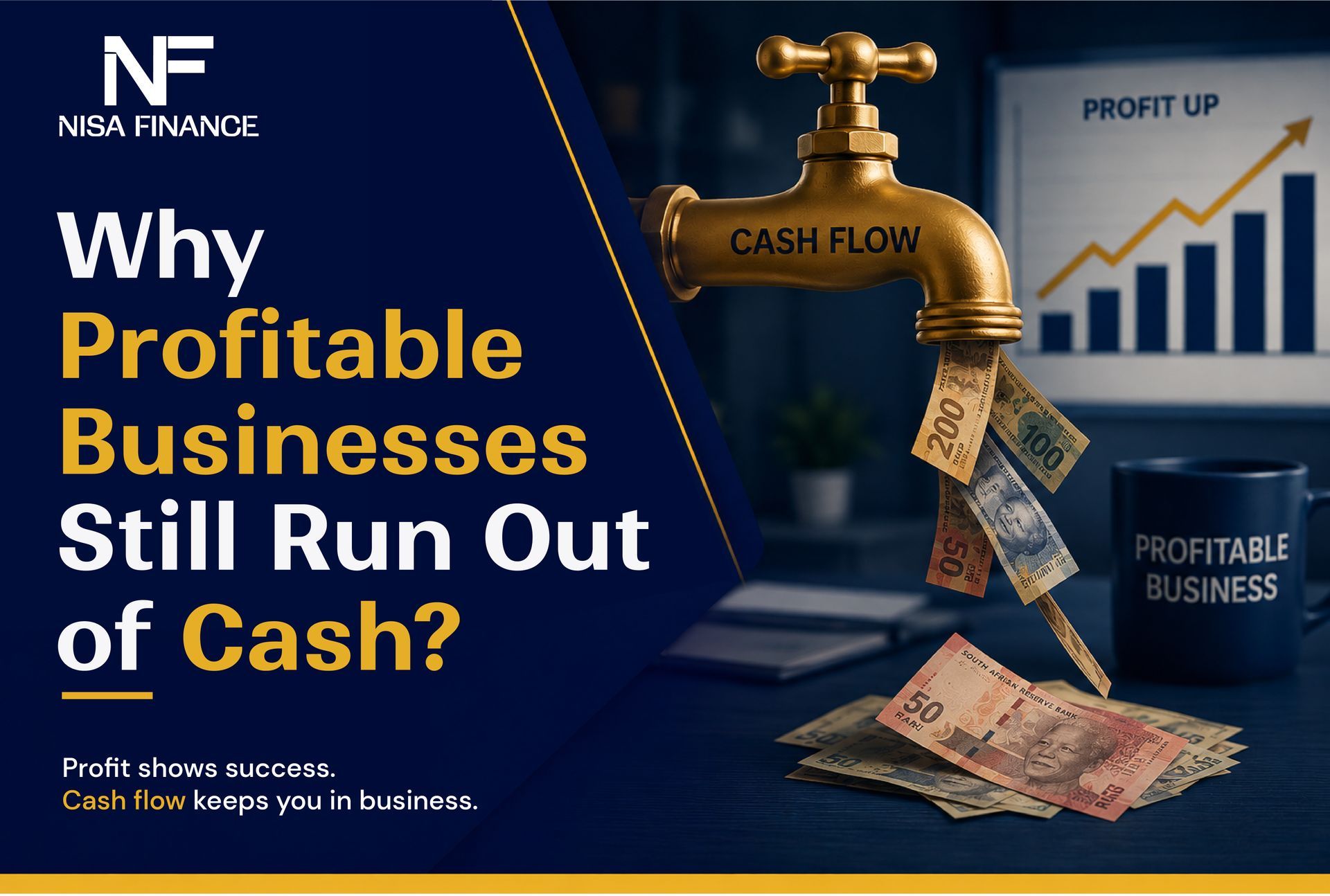 NIS Finance graphic: faucet labeled cash flow dripping bills onto “profitable business” and a rising profit chart