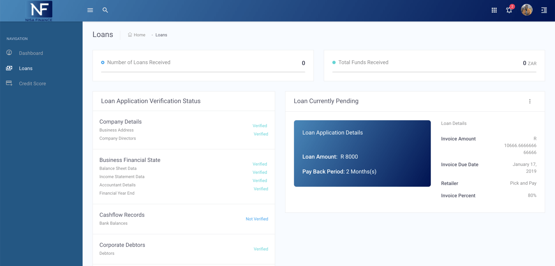 Blue-and-white web dashboard with charts, summary cards, and a left navigation sidebar