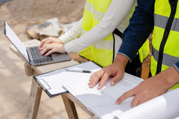 Deux personnes portant des gilets de sécurité examinent des plans et utilisent un ordinateur portable sur un chantier de construction.