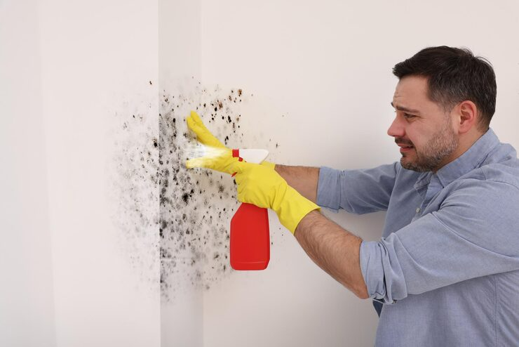 Un homme vaporise une solution nettoyante sur de la moisissure présente sur un mur blanc.