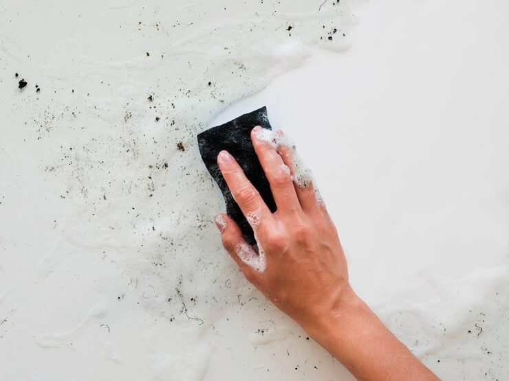 Nettoyage manuel d'une surface blanche avec une éponge savonneuse, en enlevant la saleté.