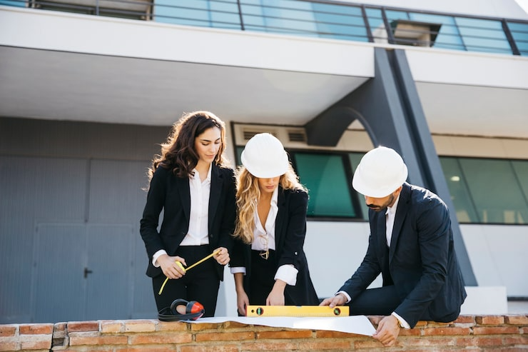Trois ouvriers du bâtiment, casqués et en combinaison, examinent des plans à l'extérieur.