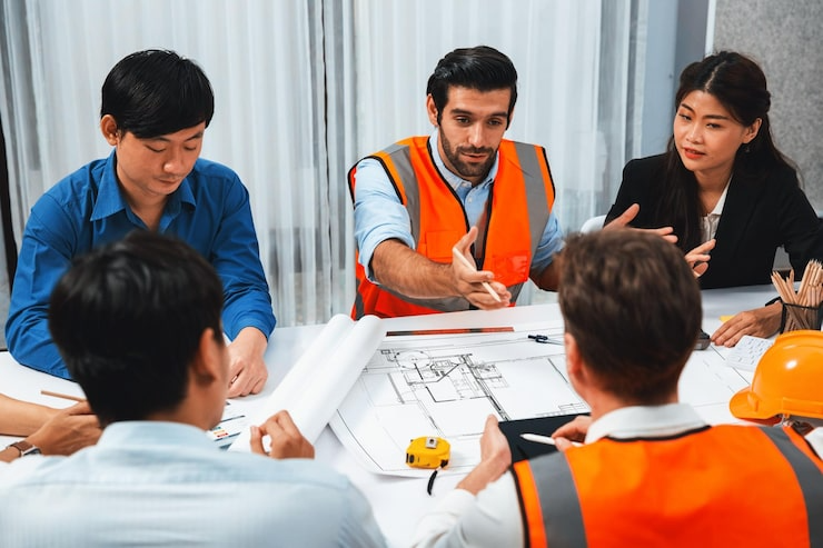 Une équipe de professionnels de la construction examine des plans autour d'une table et discute des projets.