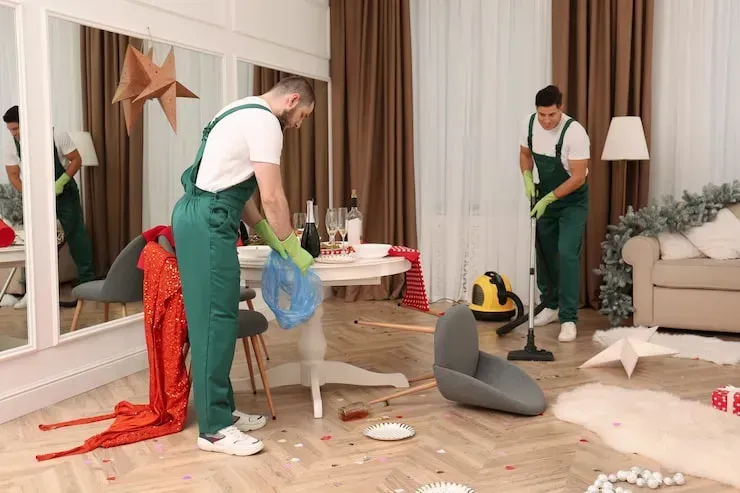 Deux personnes en salopettes vertes nettoient un salon en désordre après une fête. L'une met les ordures dans des sacs, l'autre passe l'aspirateur.