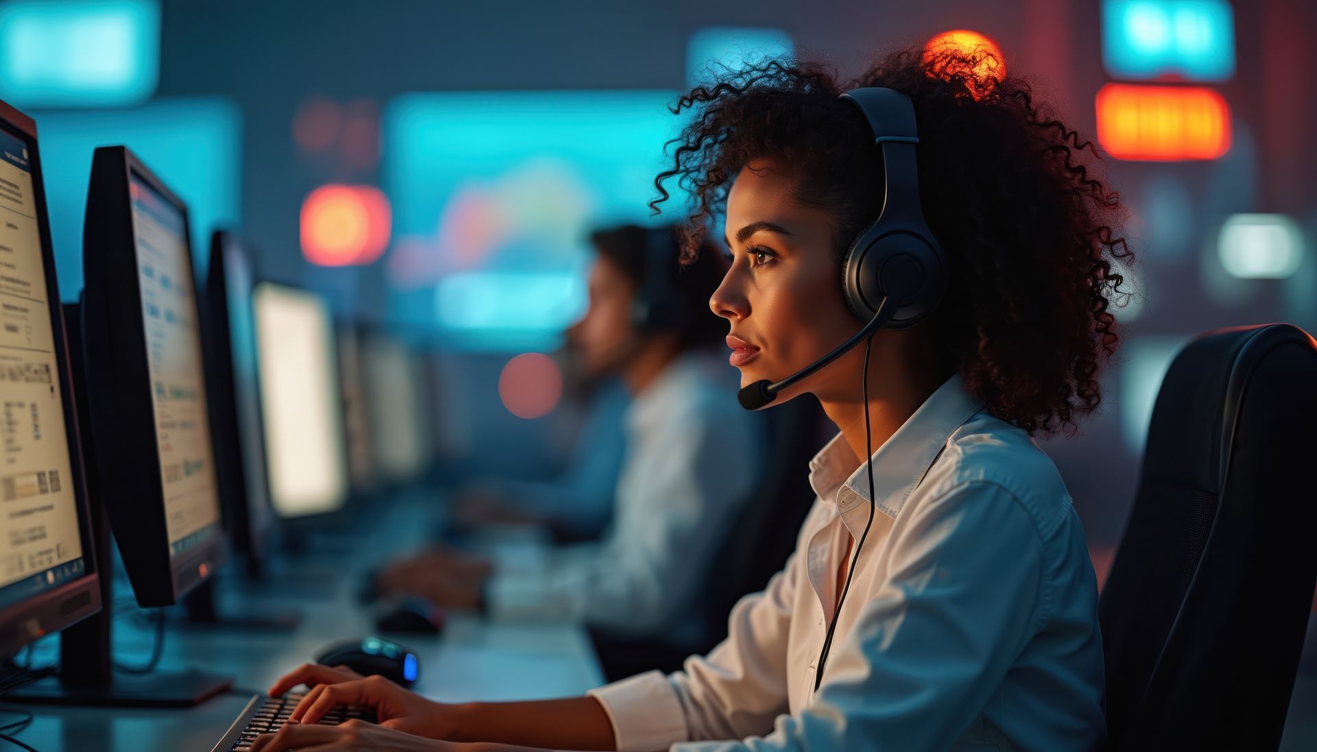 Une femme portant un casque audio et ayant les cheveux bouclés tape sur un ordinateur, dans un bureau faiblement éclairé en compagnie d'autres employés.